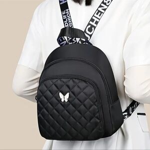 NEW Black Nylon Quilted Backpack With Butterfly Accent